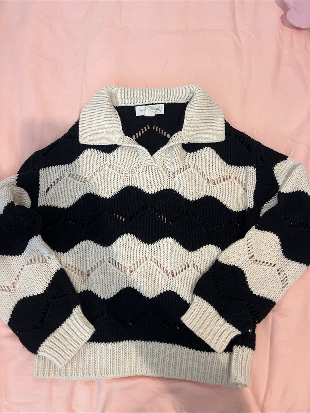 Treasure & Bond Black and Cream Open Knit Polo Top